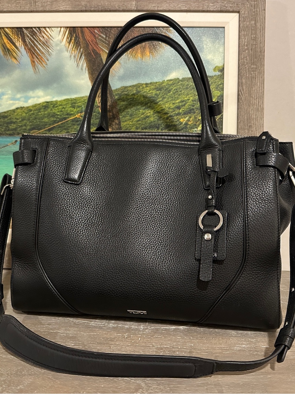 Tumi Black Pebbled Leather Satchel with Detachable Strap